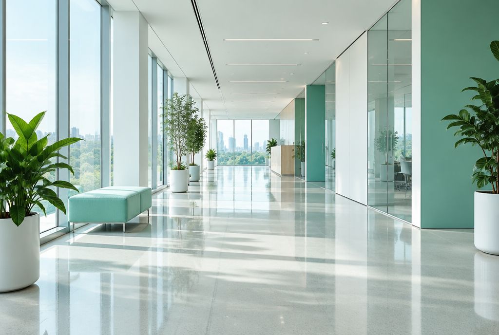 Pasillo de oficinas luminoso con el suelo recién limpiado