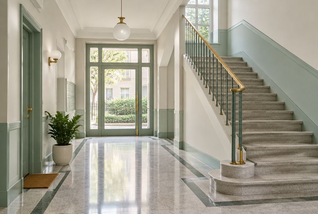 Portal y escalera de un edificio de viviendas limpios